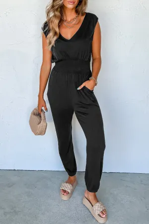 Black High Waist Sleeveless V Neck Romper