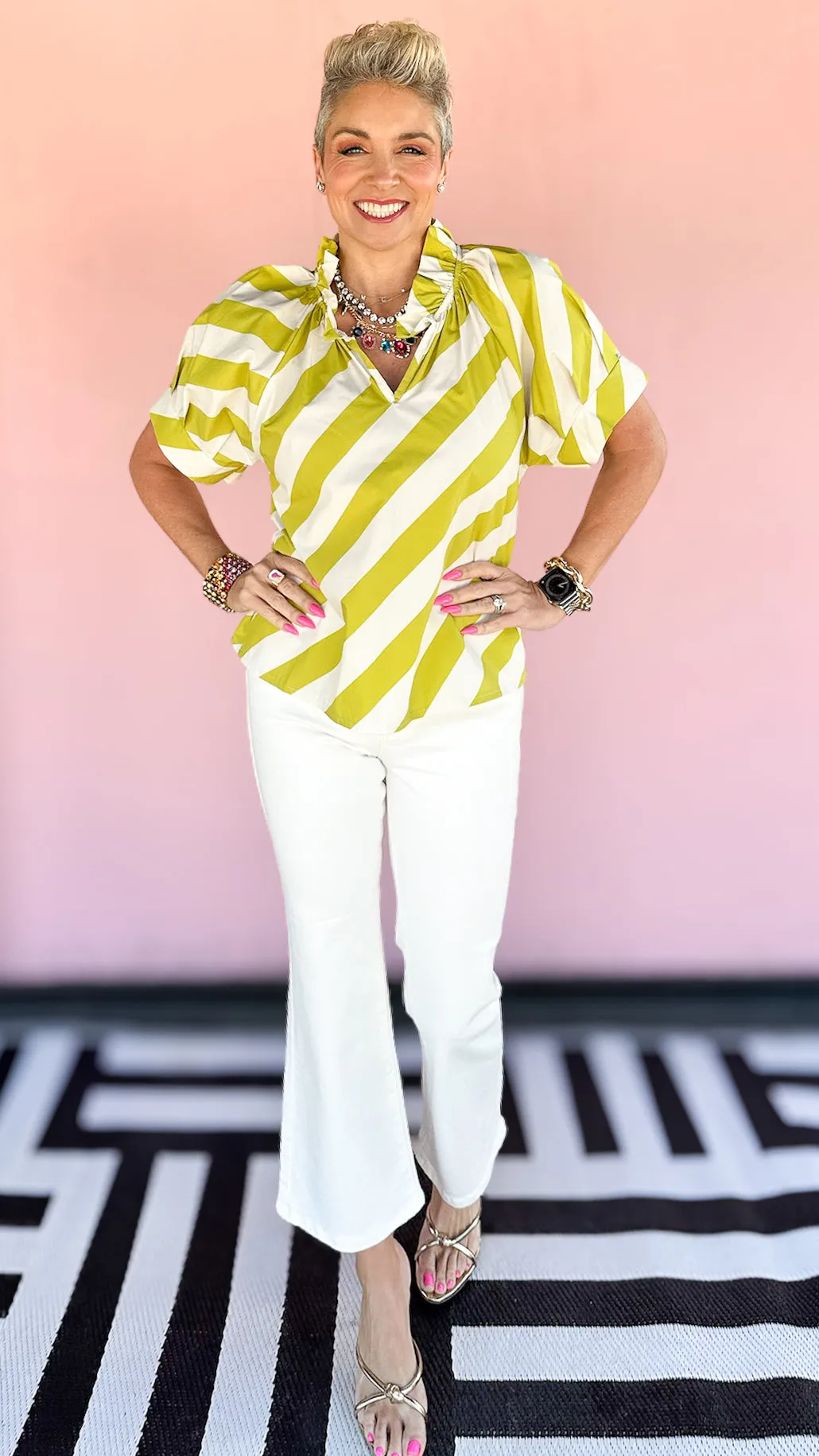 Blake Ruffle Collar Top/Pistachio Stripe