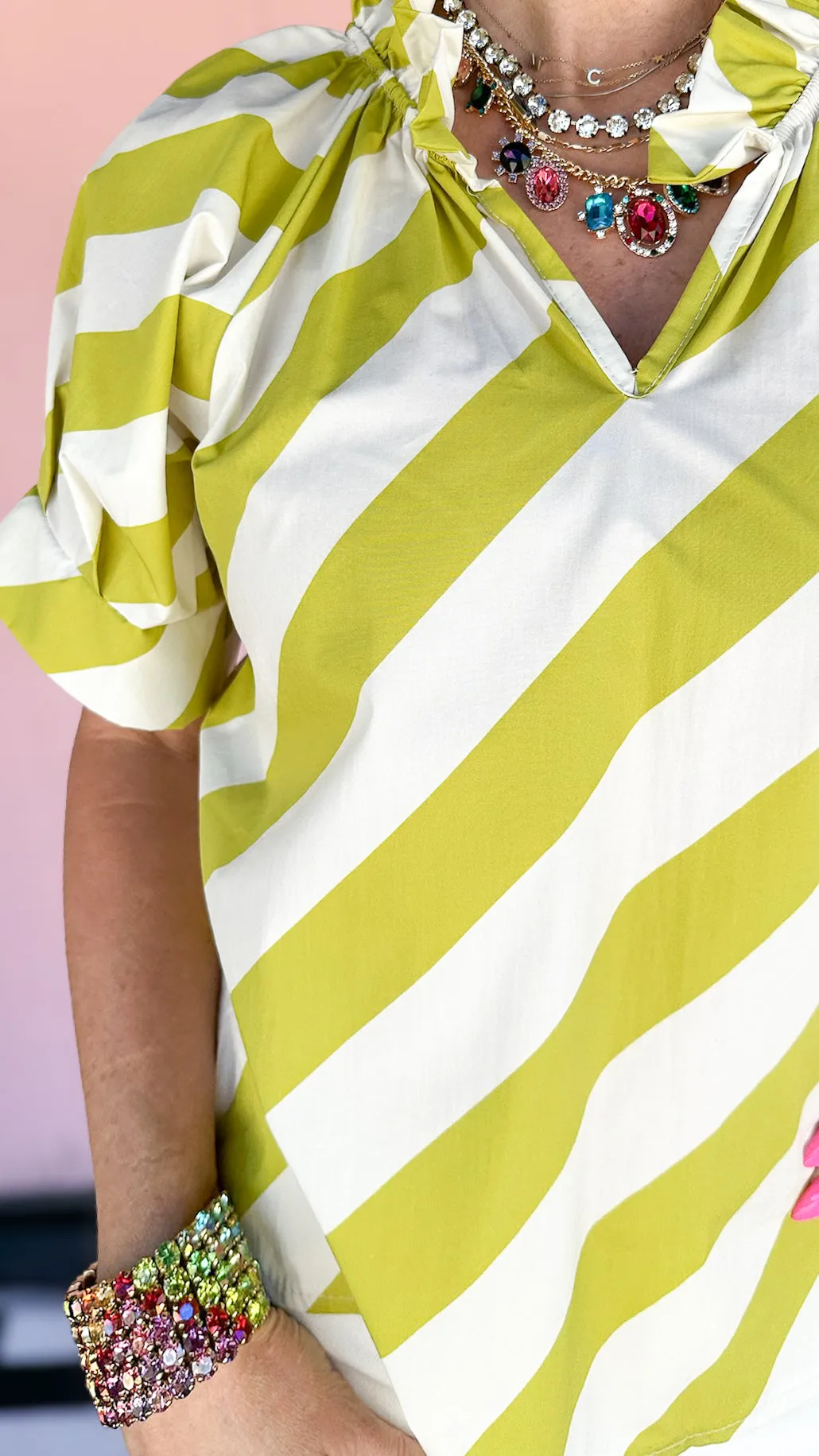 Blake Ruffle Collar Top/Pistachio Stripe