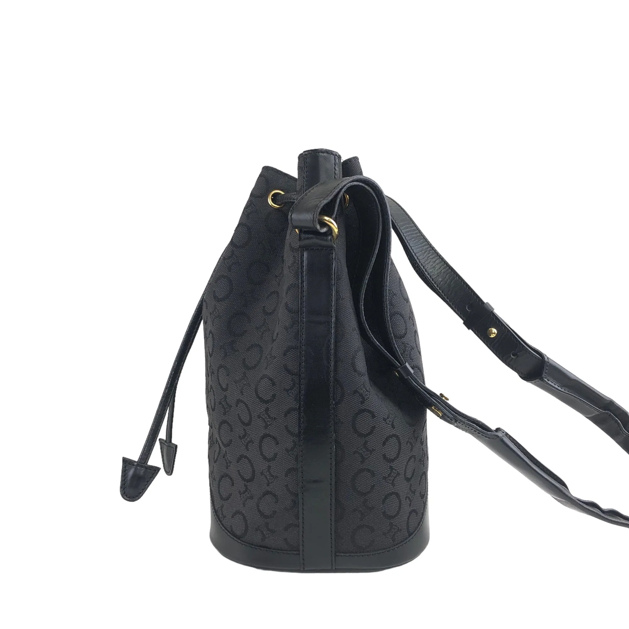 CELINE Macadam Jacquard Leather Drawstring Shoulder bag Black Vintage re32m6