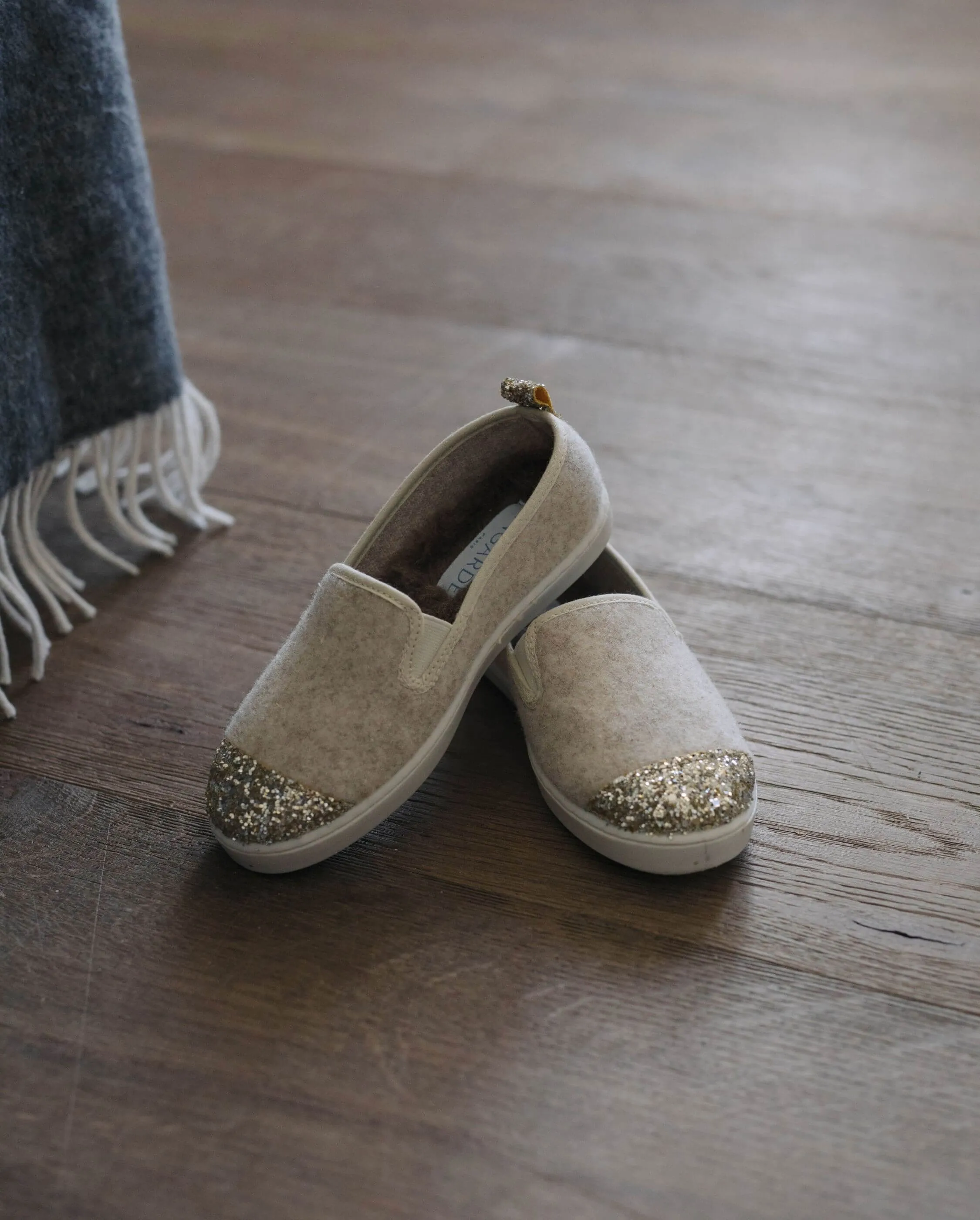 Chausson enfant laine, beige paillettes