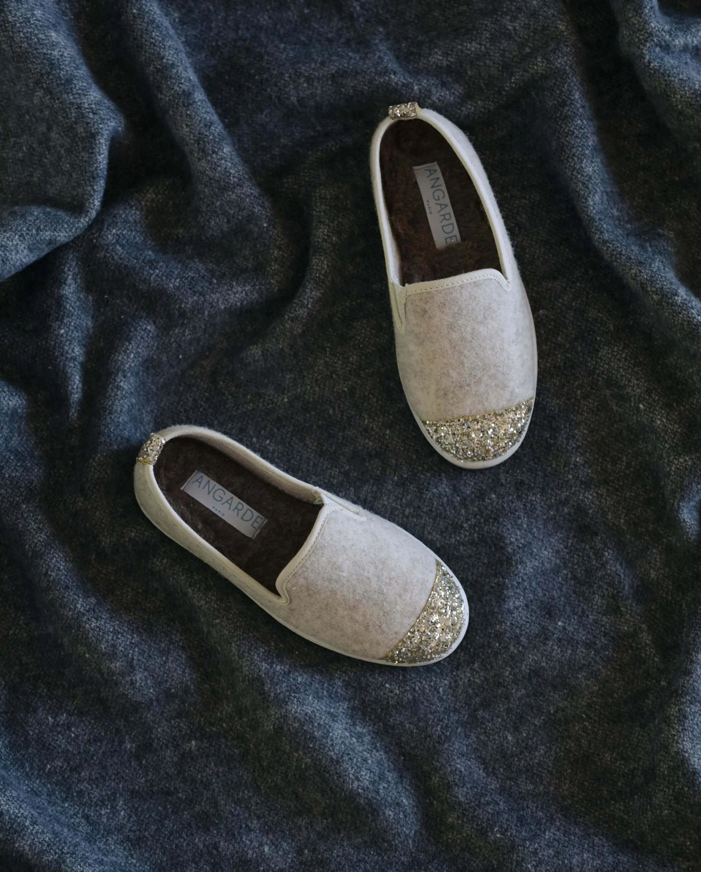 Chausson enfant laine, beige paillettes