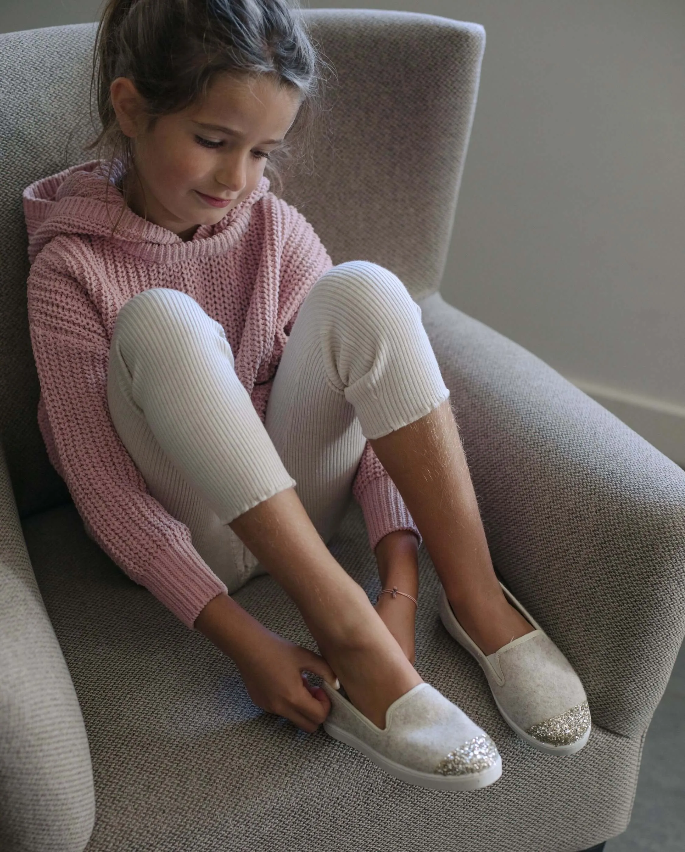 Chausson enfant laine, beige paillettes