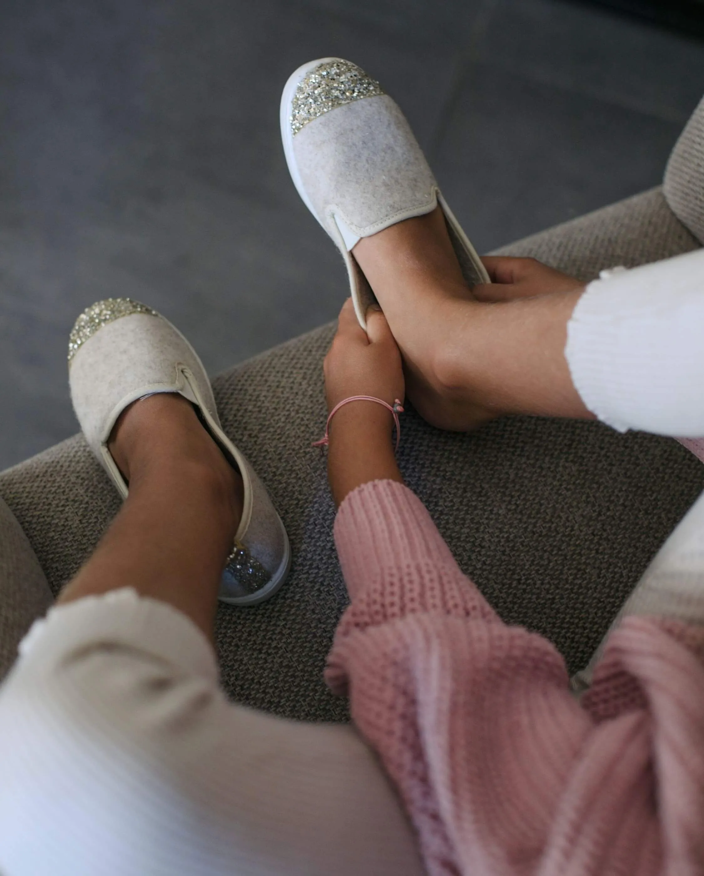 Chausson enfant laine, beige paillettes