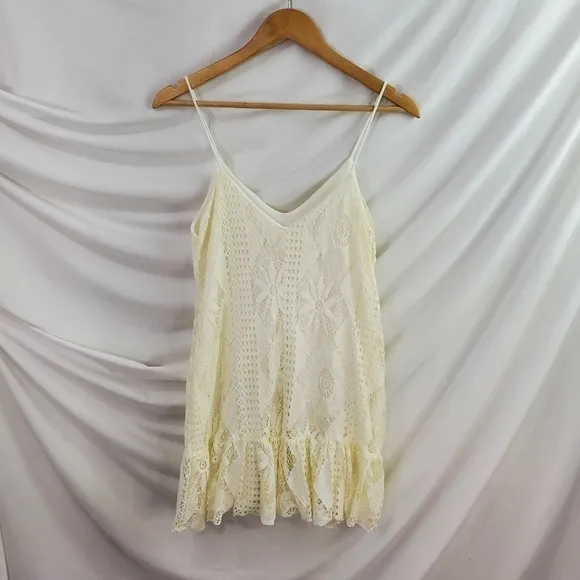 Cream/White Eyelet lace short strappy boho Double V ruffled mini dress S (A-8)
