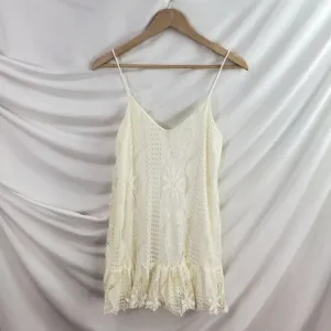 Cream/White Eyelet lace short strappy boho Double V ruffled mini dress S (A-8)