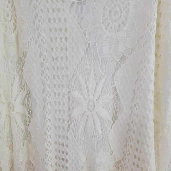 Cream/White Eyelet lace short strappy boho Double V ruffled mini dress S (A-8)