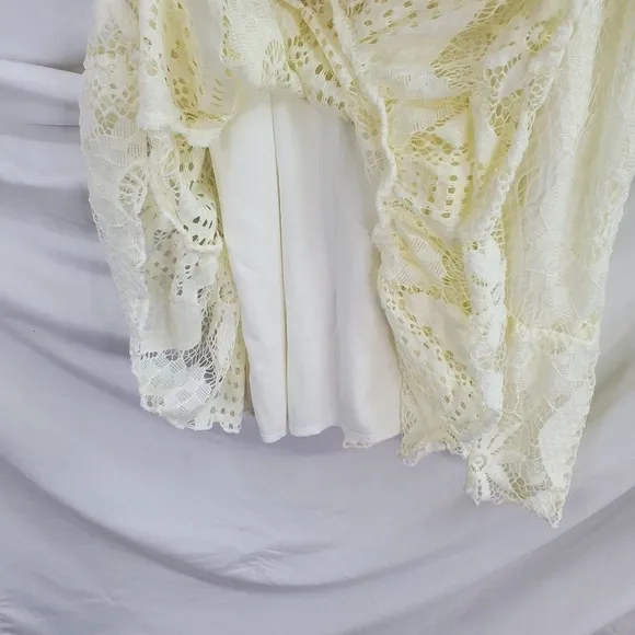 Cream/White Eyelet lace short strappy boho Double V ruffled mini dress S (A-8)