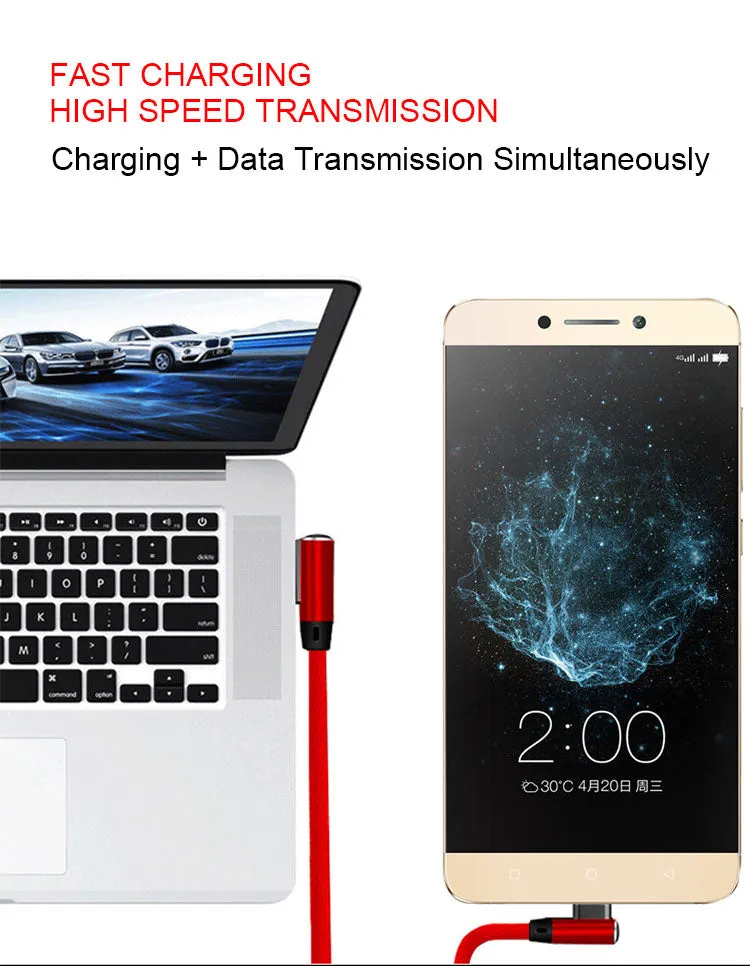 Double Elbow 90 Degree Micro USB Nylon 2.4A Fast Charging Data Transmission Cable Charger Adapter for Phone blue