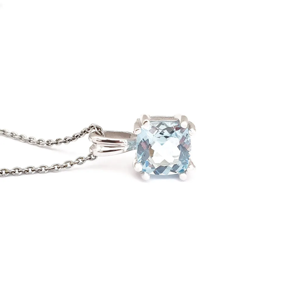 Elegant Cushion Cut Double Claw Aquamarine Pendant