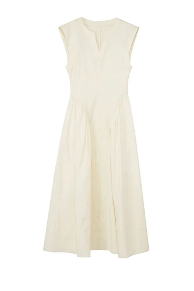 Elegant Solid Pocket Fold O Neck Sleeveless Dresses