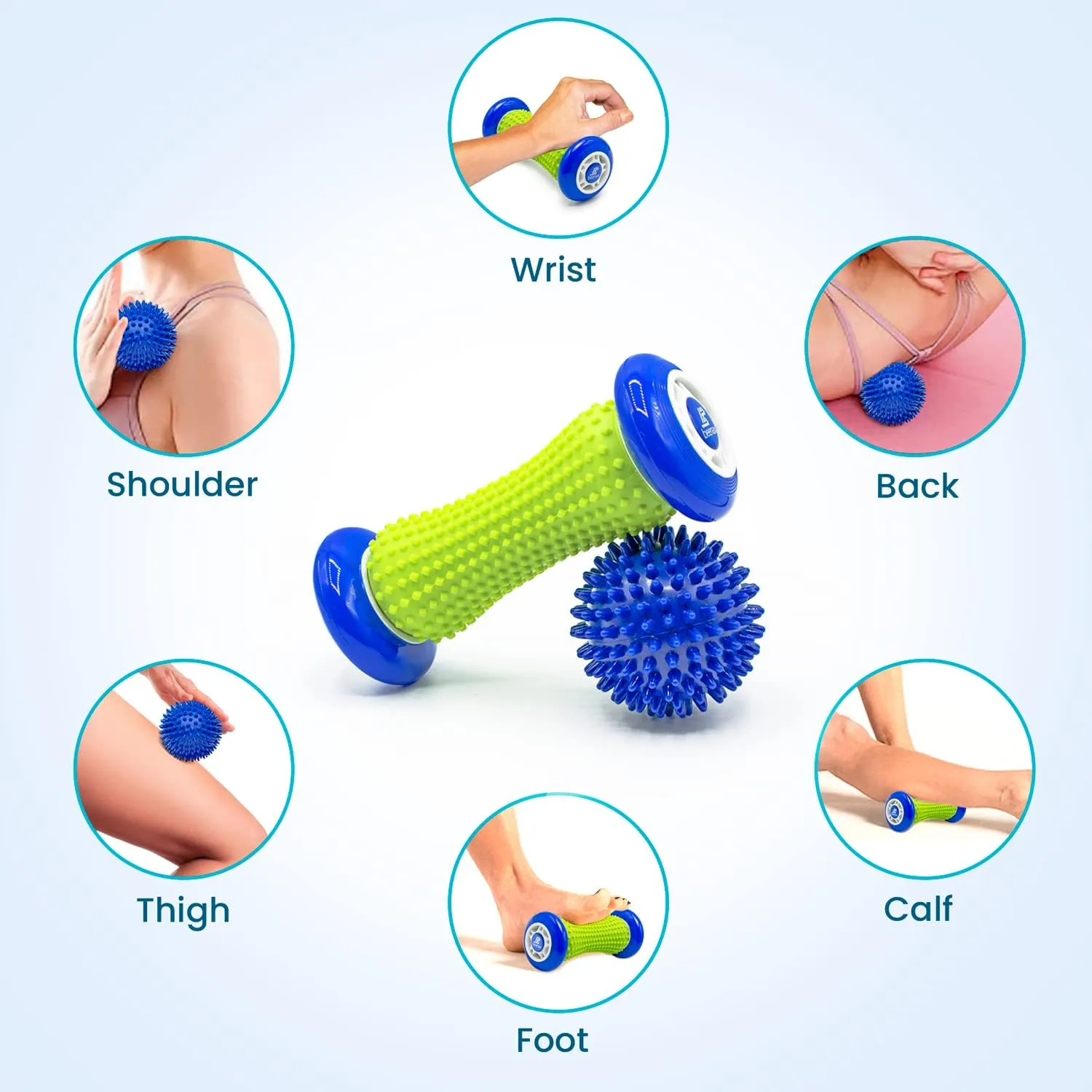 Foot Massage Roller and Hard Spiky Ball Set - Blue