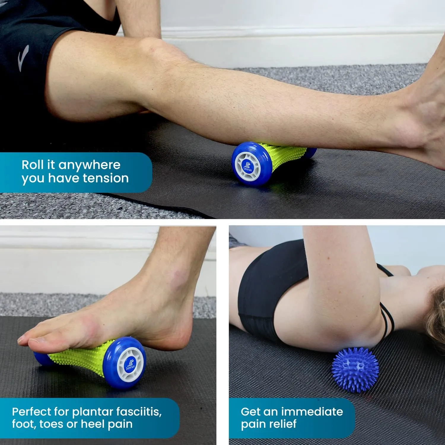 Foot Massage Roller and Hard Spiky Ball Set - Blue
