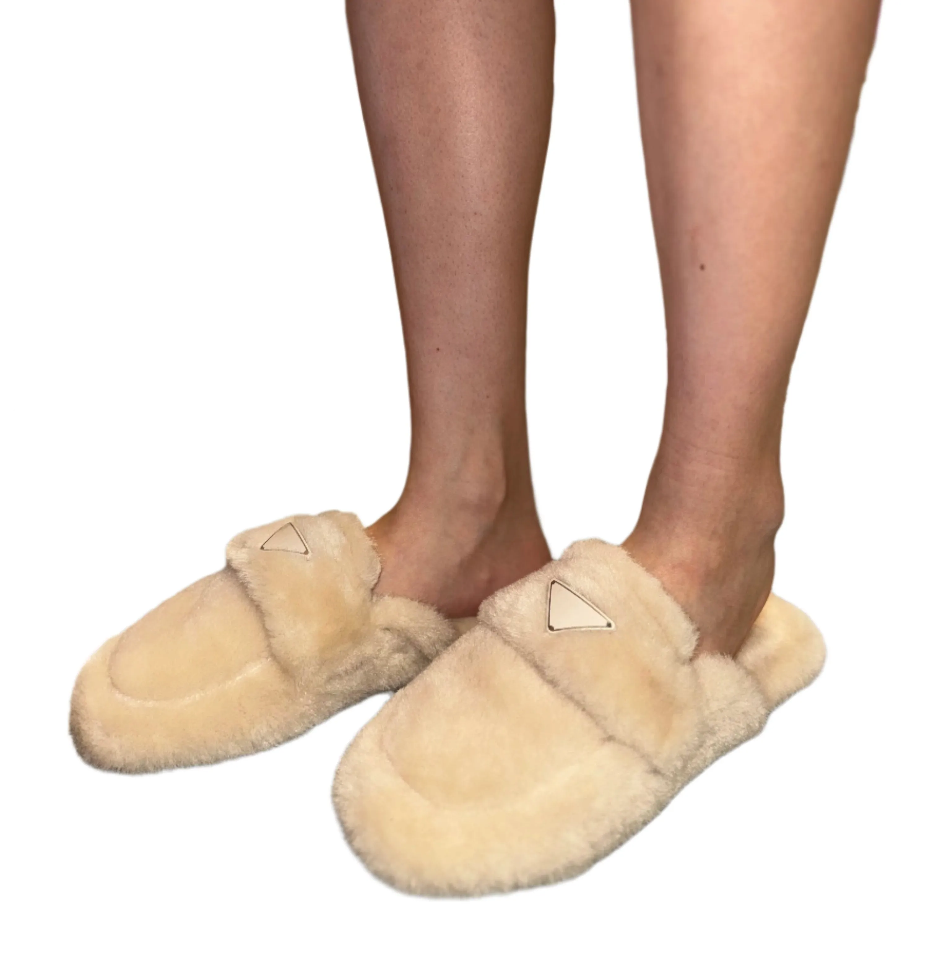 FUZZY SLIDE SLIPPER WITH METAL DETAIL