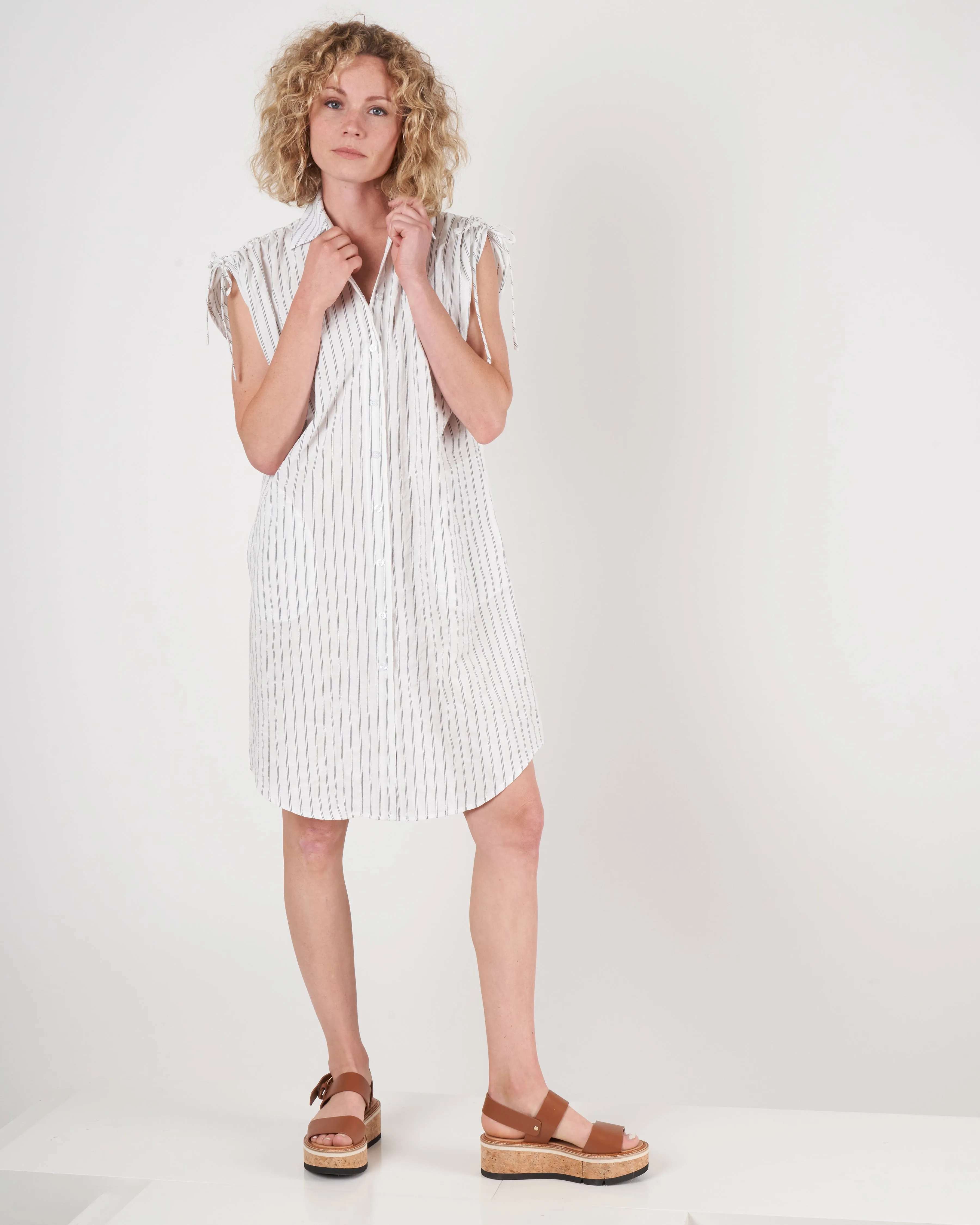 gathered shoulder dress - black stripe