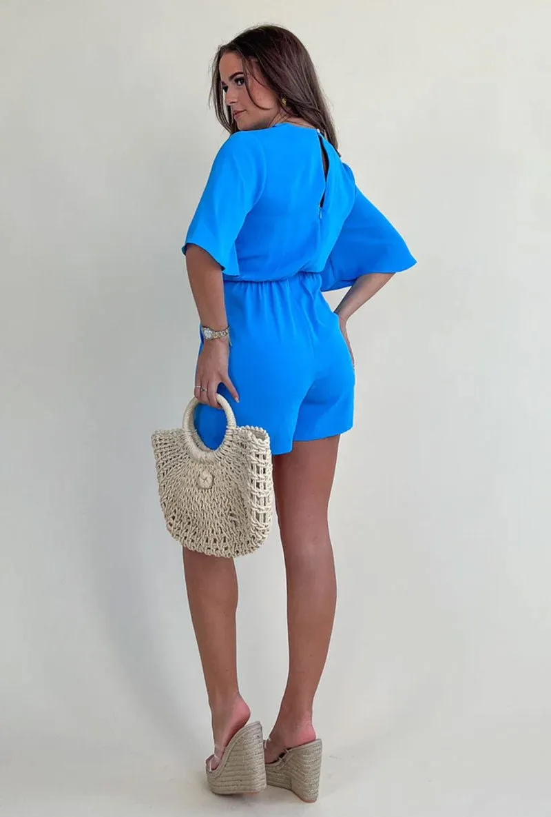GIRL IN MIND JADE BLUE TIE PLAYSUIT