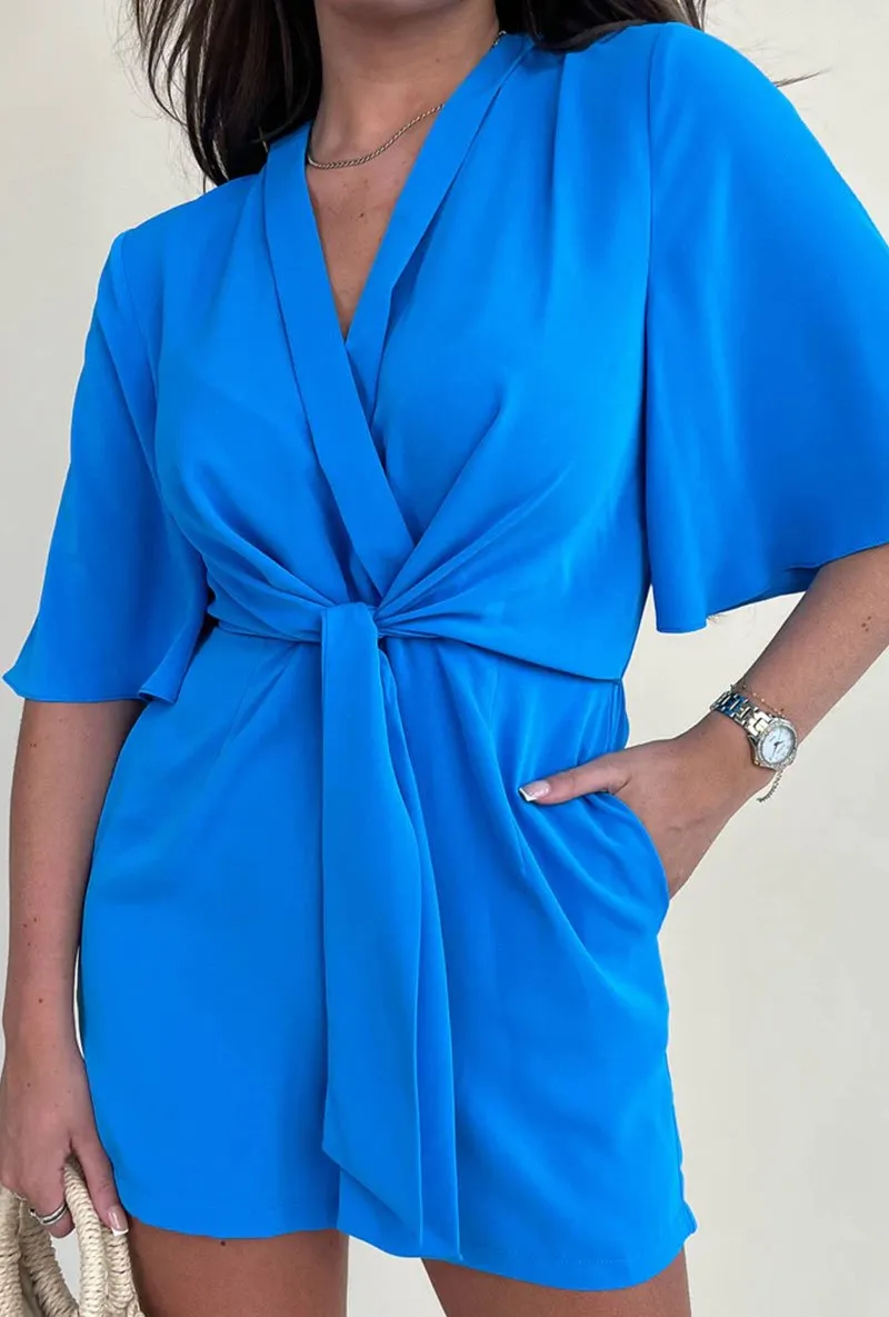 GIRL IN MIND JADE BLUE TIE PLAYSUIT