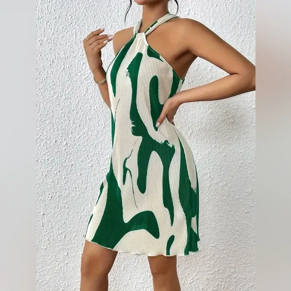 Green and White Halter Abstract  Dress