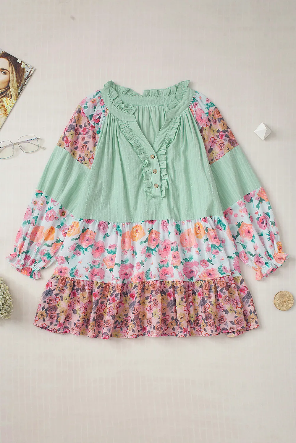Green Printed Floral Patchwork Frilled Split Neck Blouse