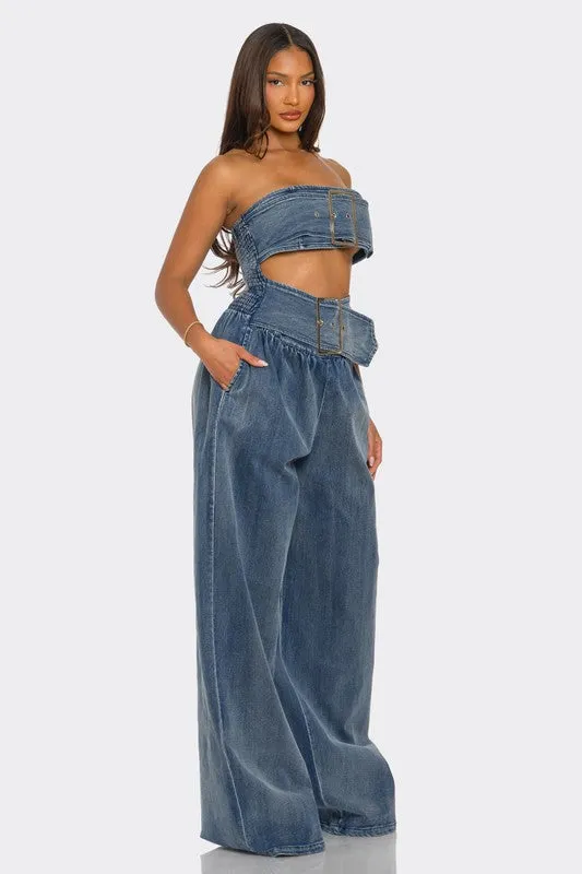 Grommet Square Buckle Smocked Back Jumpsuit