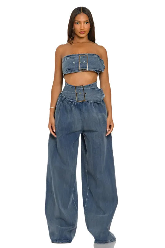 Grommet Square Buckle Smocked Back Jumpsuit