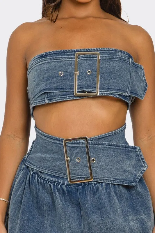Grommet Square Buckle Smocked Back Jumpsuit