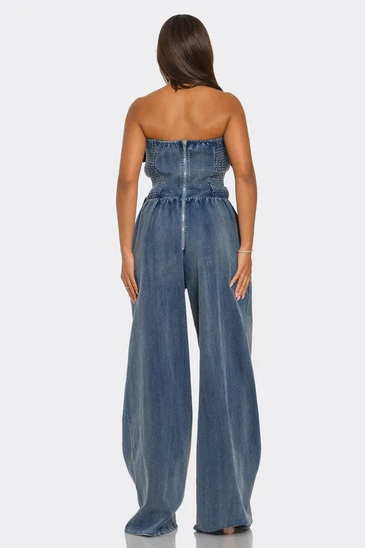 Grommet Square Buckle Smocked Back Jumpsuit