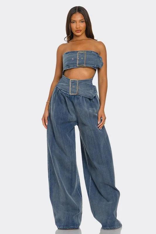 Grommet Square Buckle Smocked Back Jumpsuit