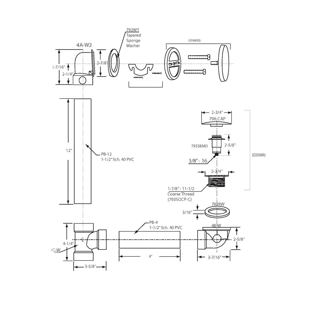 Illusionary Tip-Toe Overflow Tub Drain - Built-In - 11" Pvc/Flat Black