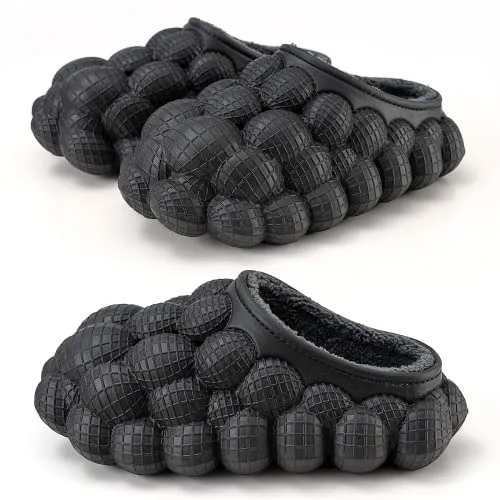 Jaeynow Massage Bubble Slides Women,Funny Lychee Spa Slippers for Men Indoor and Outdoor Non-Slip Bath Shower Shoes Bedroom House Gym Basketball Slides Sandals(Fuzzy Black 37/38)