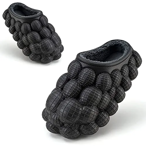 Jaeynow Massage Bubble Slides Women,Funny Lychee Spa Slippers for Men Indoor and Outdoor Non-Slip Bath Shower Shoes Bedroom House Gym Basketball Slides Sandals(Fuzzy Black 37/38)