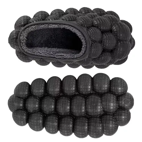 Jaeynow Massage Bubble Slides Women,Funny Lychee Spa Slippers for Men Indoor and Outdoor Non-Slip Bath Shower Shoes Bedroom House Gym Basketball Slides Sandals(Fuzzy Black 37/38)