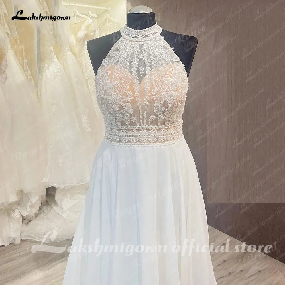 Lakshmigown Beach A Line Wedding Dress 2024 Lace Bodice Chiffon Halter Neck Women Backless Wedding Gown Vestido Novia