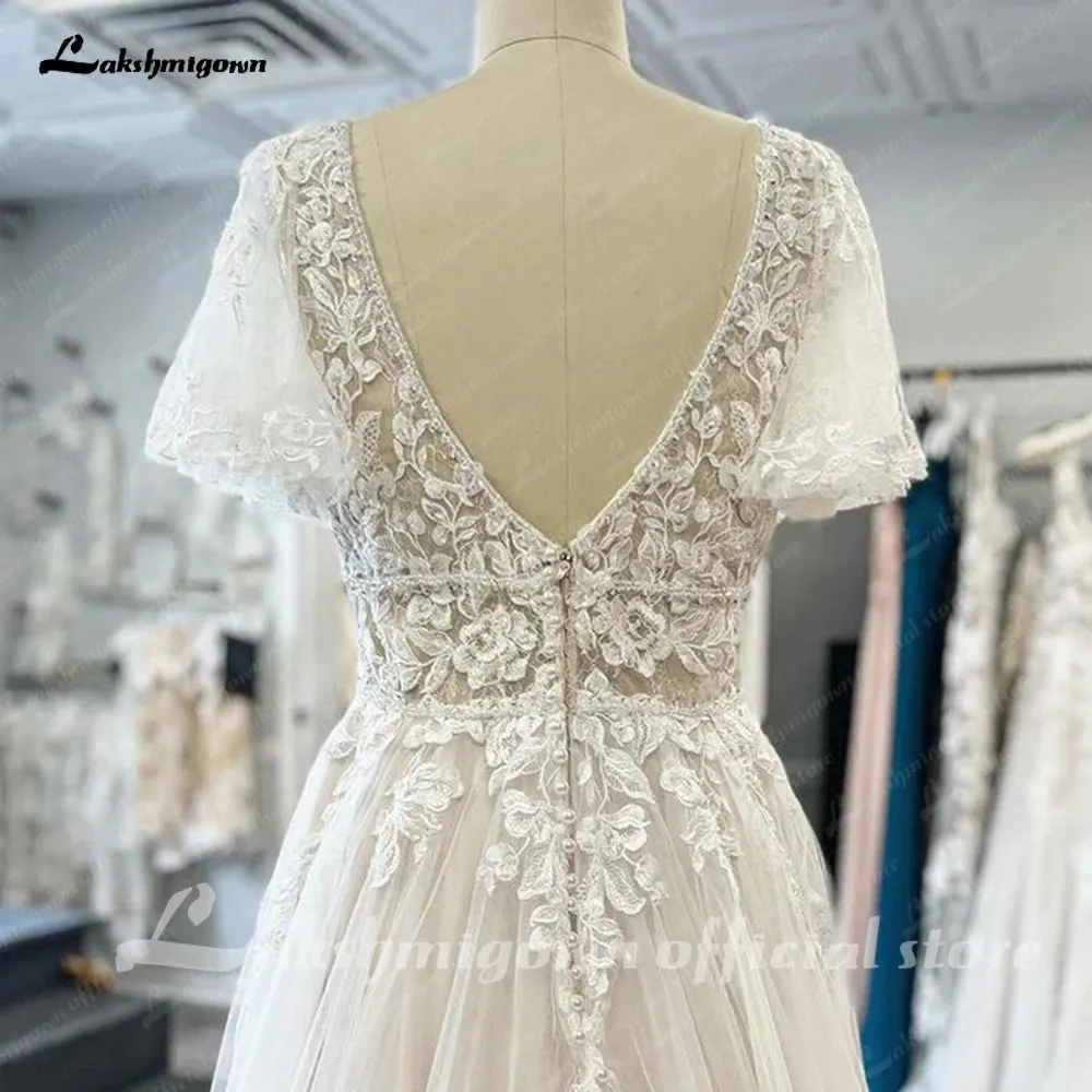 Lakshmigown Lace V-Neck Boho Wedding Dress with Sleeves vestidos de fiesta A Line Tulle Beach Wedding Gowns 2023 Hochzeit