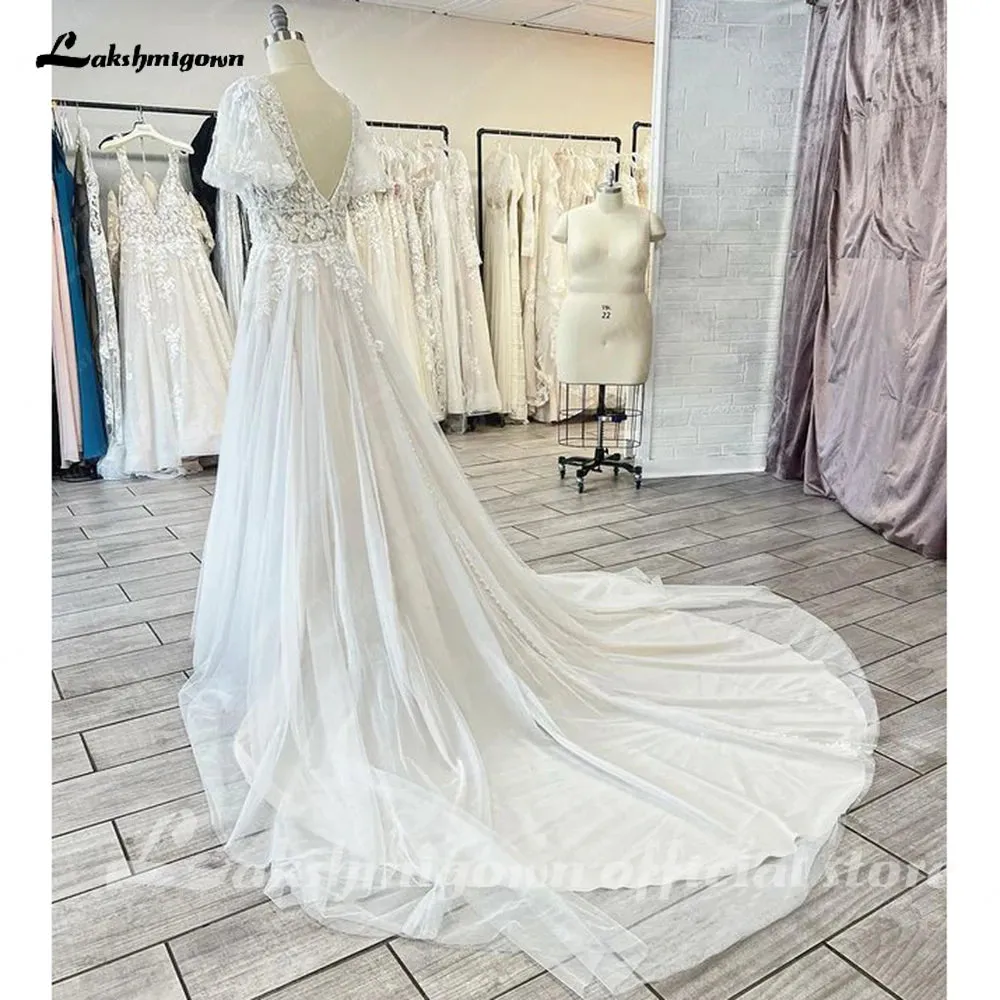 Lakshmigown Lace V-Neck Boho Wedding Dress with Sleeves vestidos de fiesta A Line Tulle Beach Wedding Gowns 2023 Hochzeit