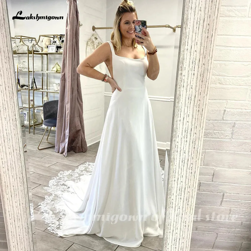 Lakshmigown Women Boho Beach Wedding Dress Crepe Satin Scoop neck 2023 Backless Sexy Bridal Gown Lace A Line Wedding Gown
