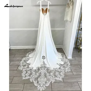 Lakshmigown Women Boho Beach Wedding Dress Crepe Satin Scoop neck 2023 Backless Sexy Bridal Gown Lace A Line Wedding Gown