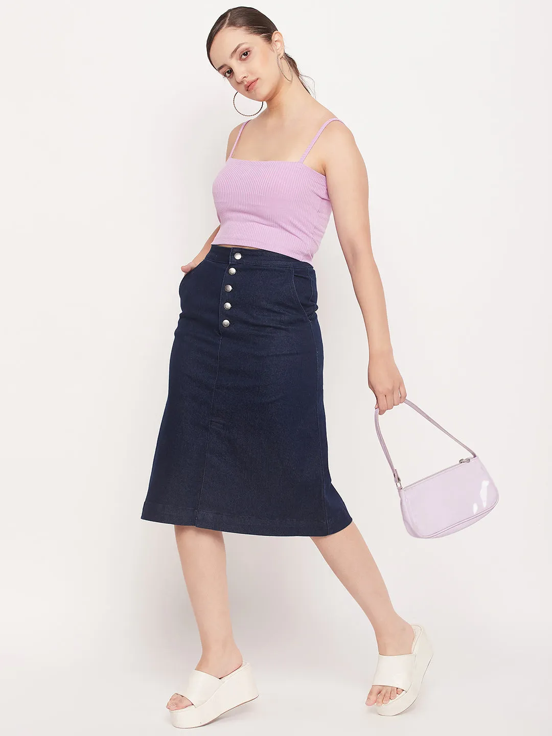 Madame Navy Front Slit A-Line Denim Skirt