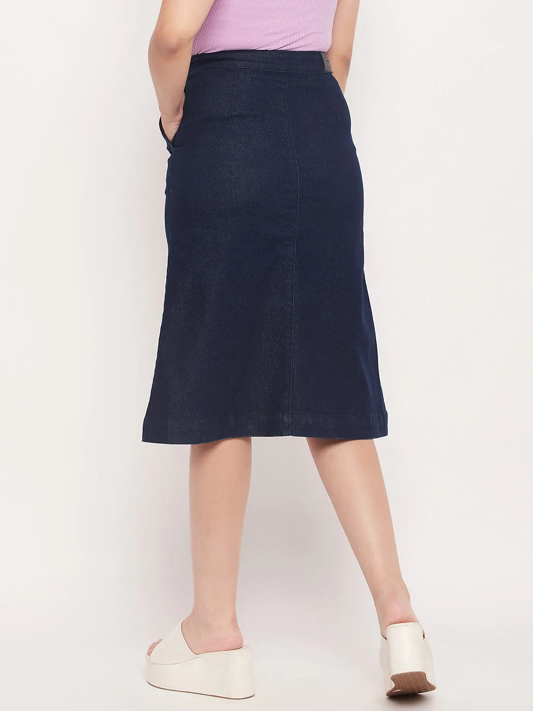 Madame Navy Front Slit A-Line Denim Skirt