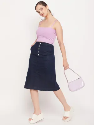 Madame Navy Front Slit A-Line Denim Skirt