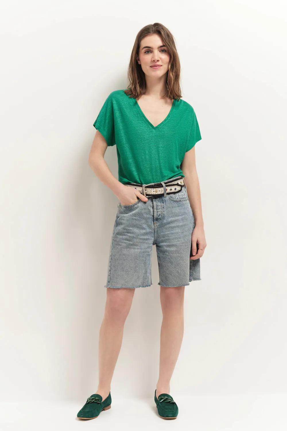 MAGIC - T-shirt green grass maille lin pailletée