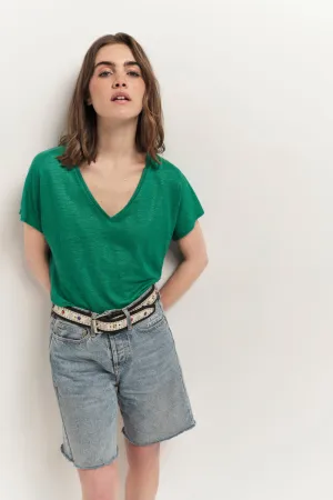 MAGIC - T-shirt green grass maille lin pailletée