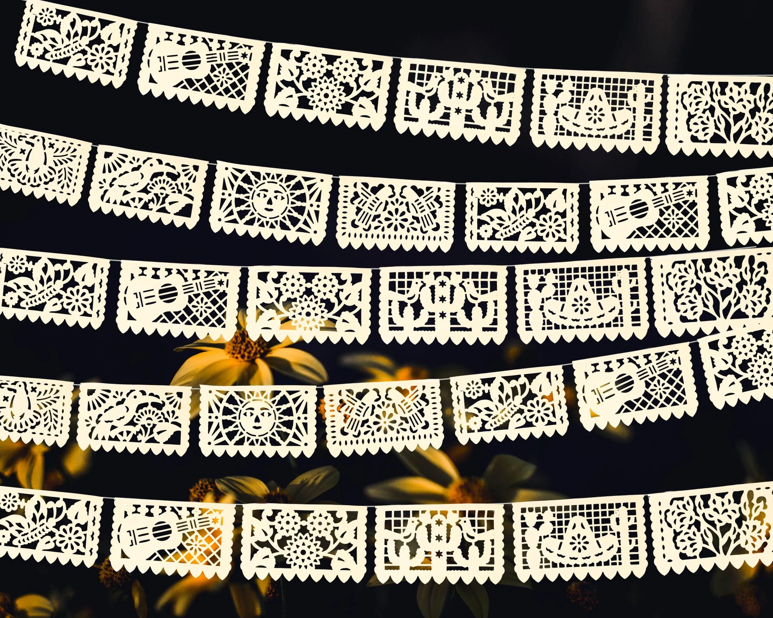 Mexican Ivory Papel Picado Banners for Fiesta Decor (3 pack|Plastic)