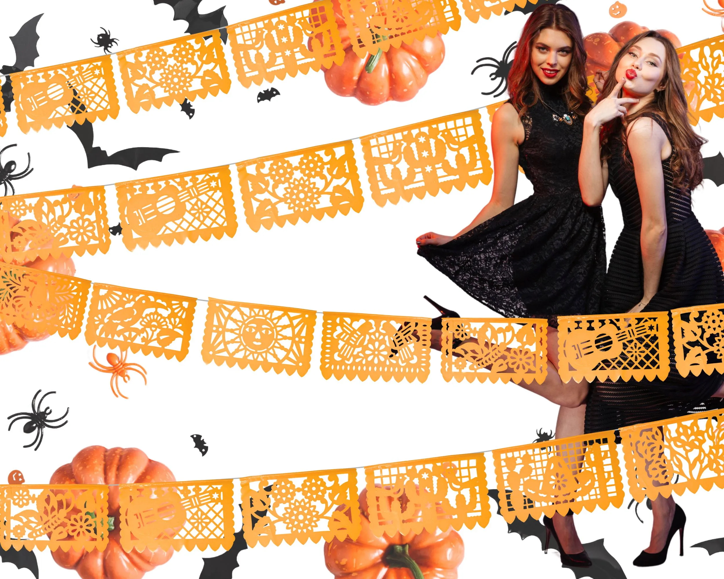 Mexican Party Decor Orange Papel Picado Banners (Plastic, 36ft Total)