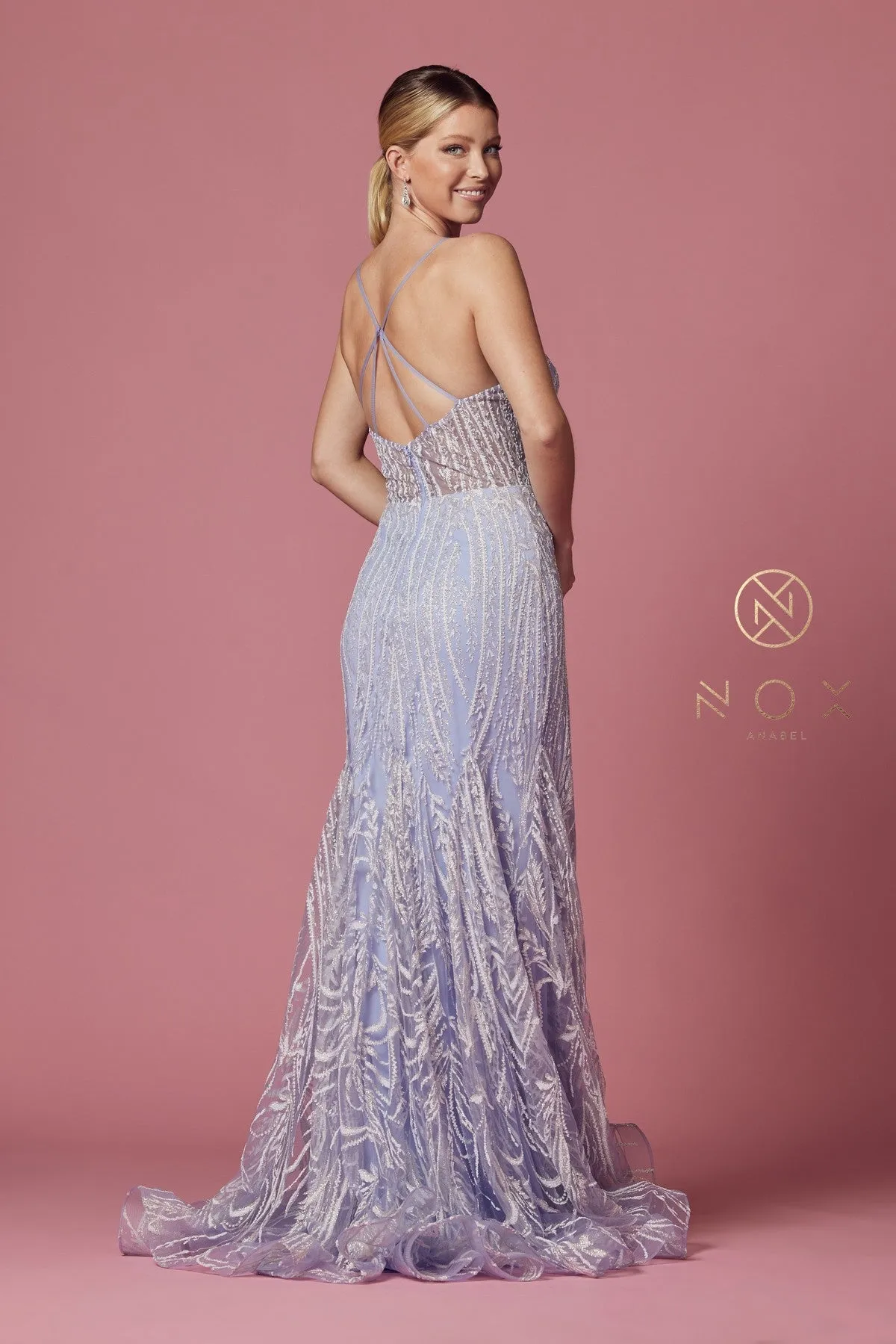 N T1010 - Illusion Plunging V-Neck Fit & Flare Prom Gown with Strappy Back and Glitter-Detailed Lace