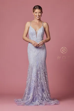 N T1010 - Illusion Plunging V-Neck Fit & Flare Prom Gown with Strappy Back and Glitter-Detailed Lace