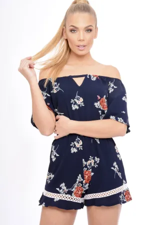 Navy Bardot Floral Playsuit - Estee