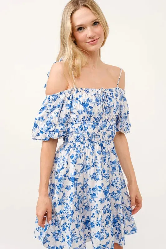 Off Shoulder Blue Bubble Sleeve Dress