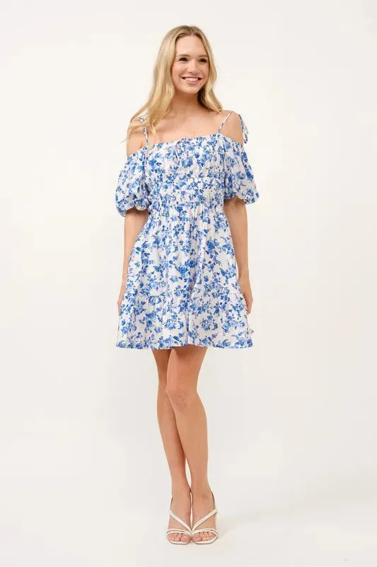 Off Shoulder Blue Bubble Sleeve Dress