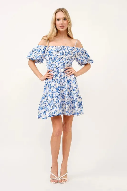 Off Shoulder Blue Bubble Sleeve Dress